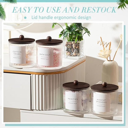 Yaomiao 6 Pcs Ribbed Bathroom Canisters Apothecary Jars with Brown Bamboo Lids and Label Stickers, 18 oz Plastic Canister with Fluted Design for Cotton Ball, Swab, Floss Picks House Storage