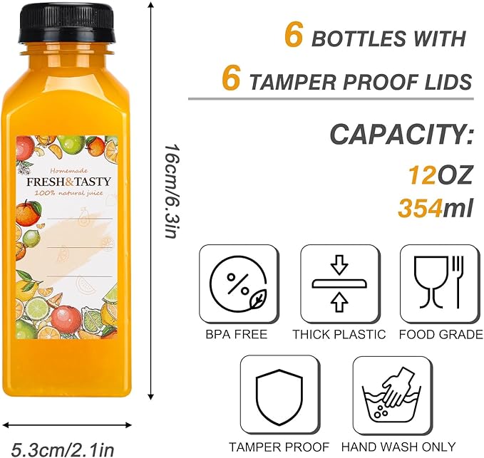 TOMNK 6pcs Juice Bottles, 12oz Reusable Plastic Juice Bottles with Caps and Labels, Funnel, Brush Beverage Containers for Juicing, Smoothies, Tea, Milk