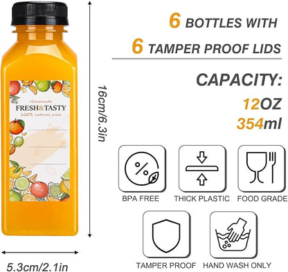 TOMNK 6pcs Juice Bottles, 12oz Reusable Plastic Juice Bottles with Caps and Labels, Funnel, Brush Beverage Containers for Juicing, Smoothies, Tea, Milk