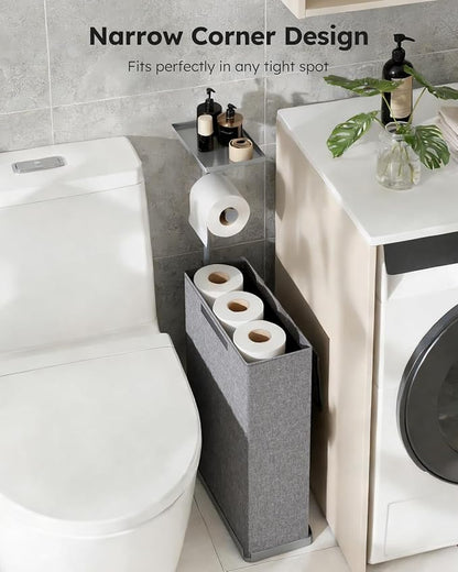 Freestanding Toilet Paper Holder Stand with Shelf for Up to 12 Rolls,Rustproof Metal Bathroom Toilet Paper Storage with Lid, All-in-One Toilet Tissue Roll Dispenser and Organizer,Gray