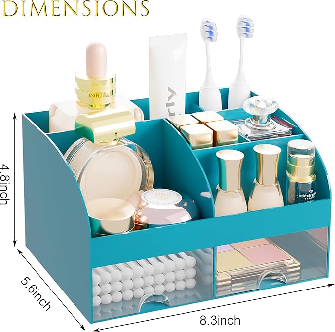 Makeup Organizer with 2 Drawers, Cosmetic Storage for Dresser Vanity and Bathroom Countertop,Make up organization and Skincare Storage with Beauty Brush Holder, Cosmetic Display Case (Dark Green)