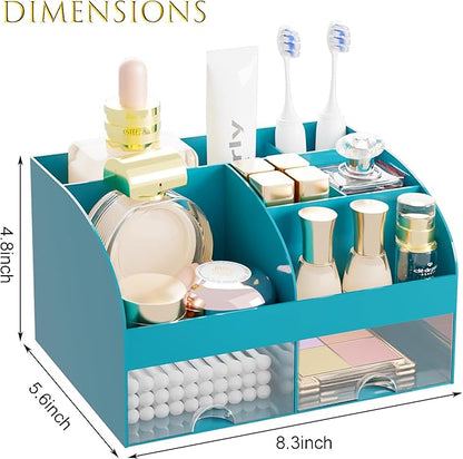 Makeup Organizer with 2 Drawers, Cosmetic Storage for Dresser Vanity and Bathroom Countertop,Make up organization and Skincare Storage with Beauty Brush Holder, Cosmetic Display Case (Dark Green)