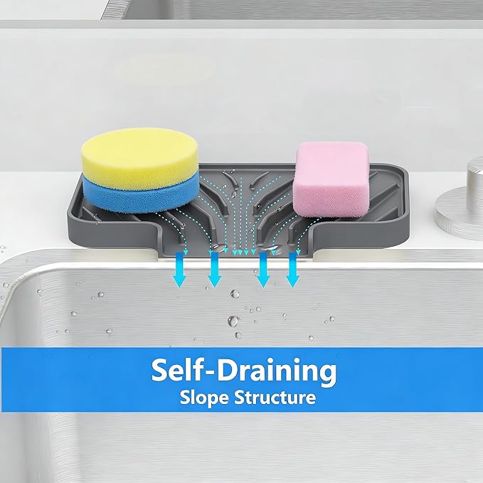Sponge Holder for Kitchen Sink, Dish Sponge Holder & Soap Tray with Drain, Bathroom Sink Sponge Drying Rack & Perfect Organizer for Dispenser,Bottle,Cup on Sinks or Counter(8"x 4"Gray)