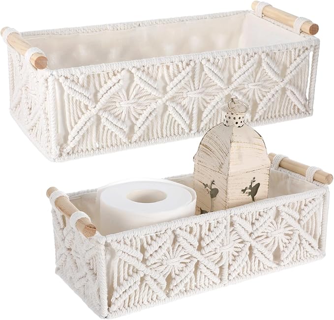 Kifmurase Macrame Storage Baskets 2PCS, Boho Woven Decorative Basket for Organizing with Handle, Countertop Toilet Paper Storage Container for Tank Bedroom Nursery Livingroom Entryway(White)