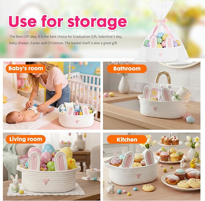 ShellKingdom Storage Basket with Handles, Empty Cute Rabbit Gift Basket with Gift Bags and Ribbon, Small Woven Baskets for Home, Nursery Organizer, 12 X 8 X 5 INCH, Easter White Pink