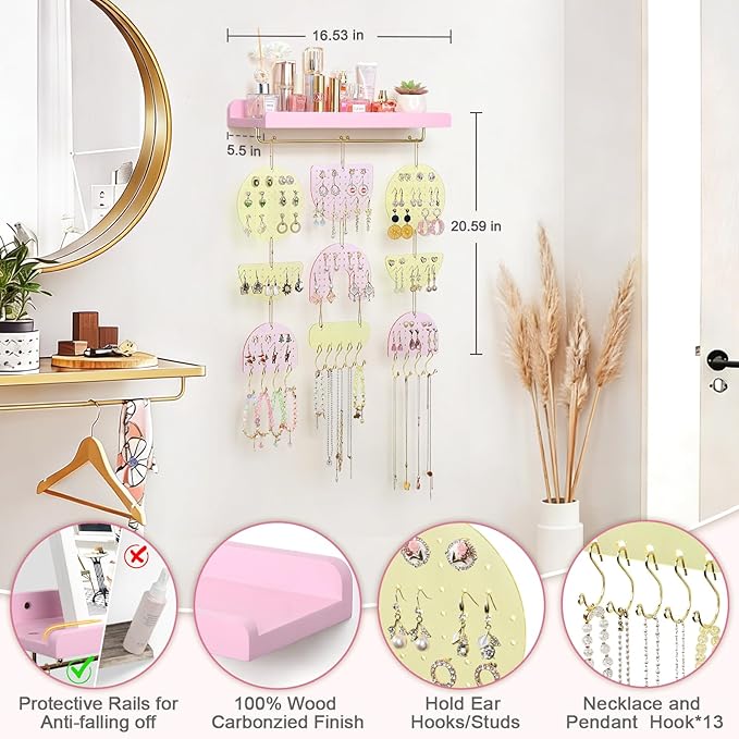 Keebofly Wall Mounted Jewelry Organizer, Hanging Earring Holder with Wood Shelf & Necklace Hooks, Acrylic Pegboard Earring Display Rack for 100+ Pairs Studs, Hoops & Dangles, Decorative Storage, Pink