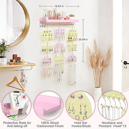 Keebofly Wall Mounted Jewelry Organizer, Hanging Earring Holder with Wood Shelf & Necklace Hooks, Acrylic Pegboard Earring Display Rack for 100+ Pairs Studs, Hoops & Dangles, Decorative Storage, Pink