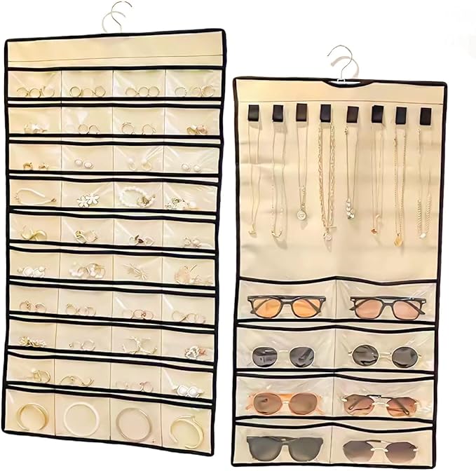 Double Sided Hanging Jewelry Organizer, 48 Pockets Clear Window Large Jewelry Hanging Organizer with Necklace Hanger, Wall/Door/Closet Stud Earring Bracelet Ring Storage