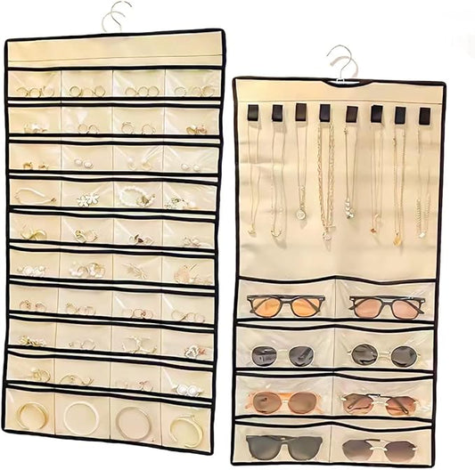 Double Sided Hanging Jewelry Organizer, 48 Pockets Clear Window Large Jewelry Hanging Organizer with Necklace Hanger, Wall/Door/Closet Stud Earring Bracelet Ring Storage