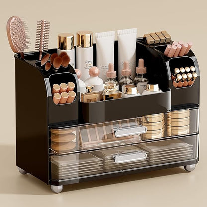 Makeup Organizer for Vanity with 2 Large Drawers, Cosmetic Display Case with Brush Holders, Easy to Storage for Bathroom Countertop Skincare, Perfume, Black