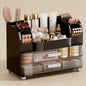 Makeup Organizer for Vanity with 2 Large Drawers, Cosmetic Display Case with Brush Holders, Easy to Storage for Bathroom Countertop Skincare, Perfume, Black