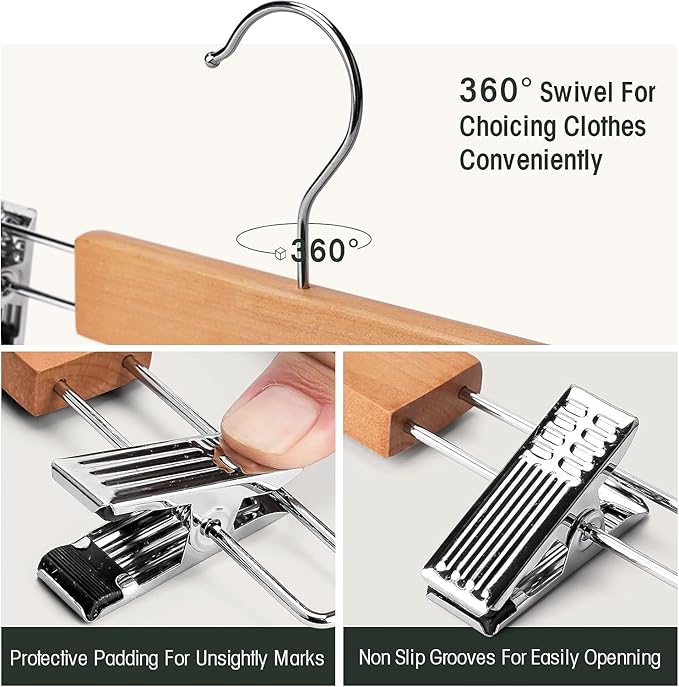 Wood Pants Skirts Hangers Wooden Trousers Bottom Hanger with 2-Adjustable Clips, Clip Hangers for Slacks, Jeans, Shorts, Space-Saving Design, Closet Essentials (Beige, 20)