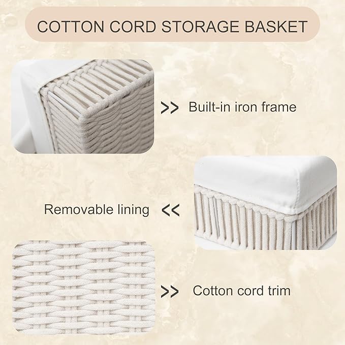 Cotton Rope Storage Baskets (Set of 3) - Hand Woven Organizing Basket with Removable Liner & Iron Frame, Decorative Shelf Storage for Closet & Bedroom (Off-white)