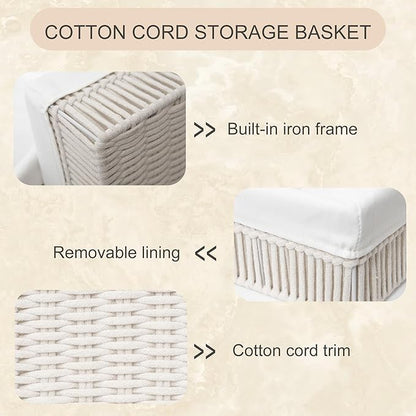 Cotton Rope Storage Baskets (Set of 3) - Hand Woven Organizing Basket with Removable Liner & Iron Frame, Decorative Shelf Storage for Closet & Bedroom (Off-white)