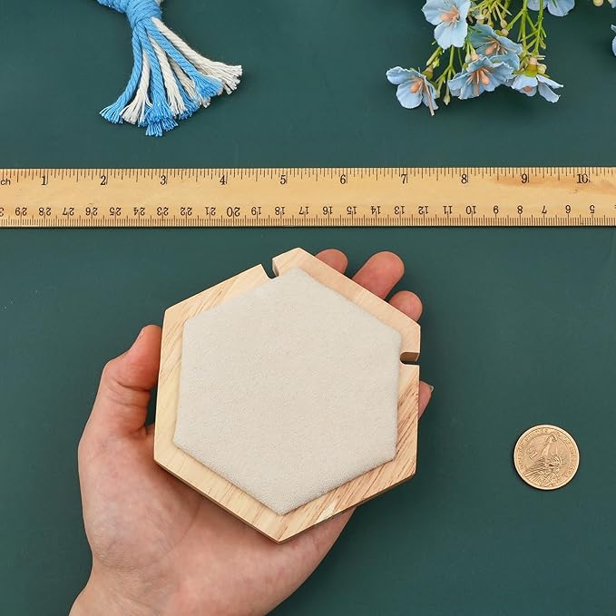 CHGCRAFT Hexagon Wooden Single Necklace Displays Stands Tabletop Pendant Necklace Display Holder with Cornsilk Velvet and Iron Hooks for Long Necklace Retail Jewelry Easel Display, 4.45x3.88x0.75inch