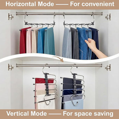 Pants Hangers Space Saving, 5 Tier Jeans Hanger for Closet, Black Multiple Heavy Duty Stainless Steel Pant Rack for Trousers, Legging with 20 Clips (4 Pack)