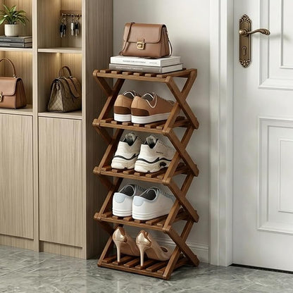 Narrow Shoe Rack, Foldable Bamboo Shoes Shelf for Small Spaces, Multifunctional Vertical Shoe Organizer Tall for Entryway, Closet, Corner, Bedroom, Hallway (Brown, 5 Layers)