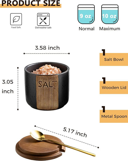 Salt Container for Countertop, Ceramic Salt Cellar with Lid & Spoon, Farmhouse Salt Bowl for Mother's Day, 10 OZ, Black