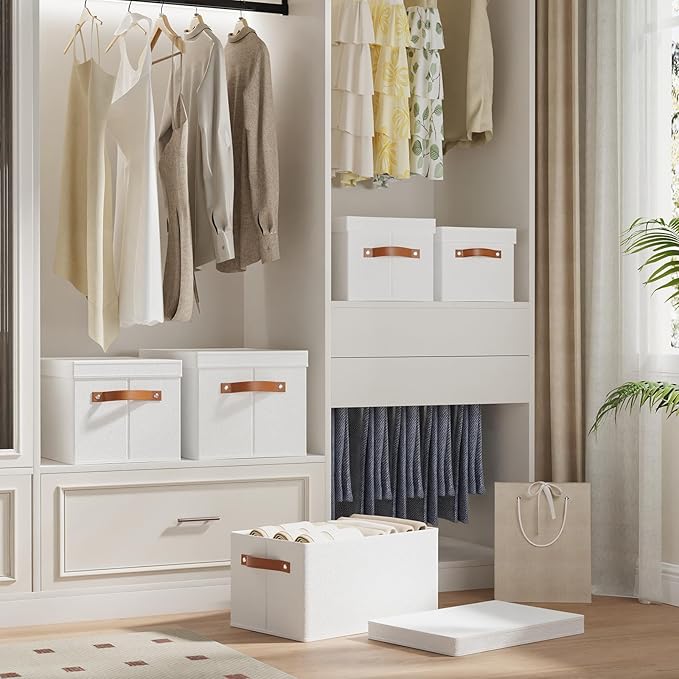 5 Pack Storage Baskets, Storage Boxes with Lids, Closet Organizers with Handles for Shoes Towels Books, White, 16.5 x 11.8 x 10.2 Inch