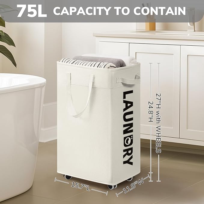 CHICVITA Collapsible Laundry Hamper on Wheels, 75L Clothes Laundry Basket with Removable Wash Bag for Dorms, Clothes Hamper with Handles, White