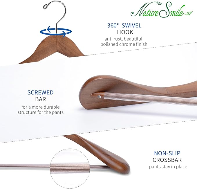Nature Smile Luxury Wooden Suit Hangers 6 Pack Wood Coat Hangers Jacket Outerwear Shirt Hangers,with Extra-Wide Shoulder, 360 Degree Swivel Hooks & Anti-Slip Bar with Screw(Retro Color)