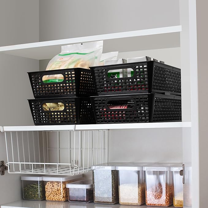 Tiawudi Stackable Woven Plastic Basket, Storage Bins for Cabinet, Closet, Shelf, Under Sink and Countertop, Pantry Organizer Bins, 6 Pack