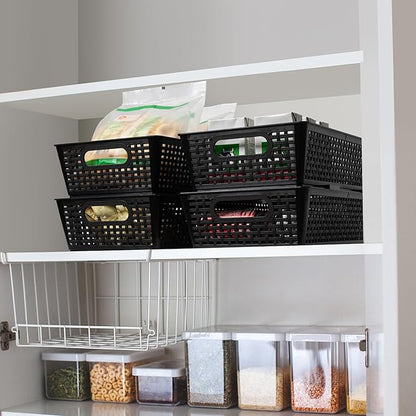 Tiawudi Stackable Woven Plastic Basket, Storage Bins for Cabinet, Closet, Shelf, Under Sink and Countertop, Pantry Organizer Bins, 6 Pack