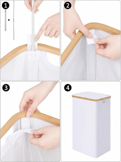 iEGrow 110L Laundry Hamper with Lid，Dirty Clothes Hampers for Laundry,Laundry Basket with Bamboo Handles and Removable Bag,Hamper for Bedroom, Bathroom, Dorm, Laundry Room, White