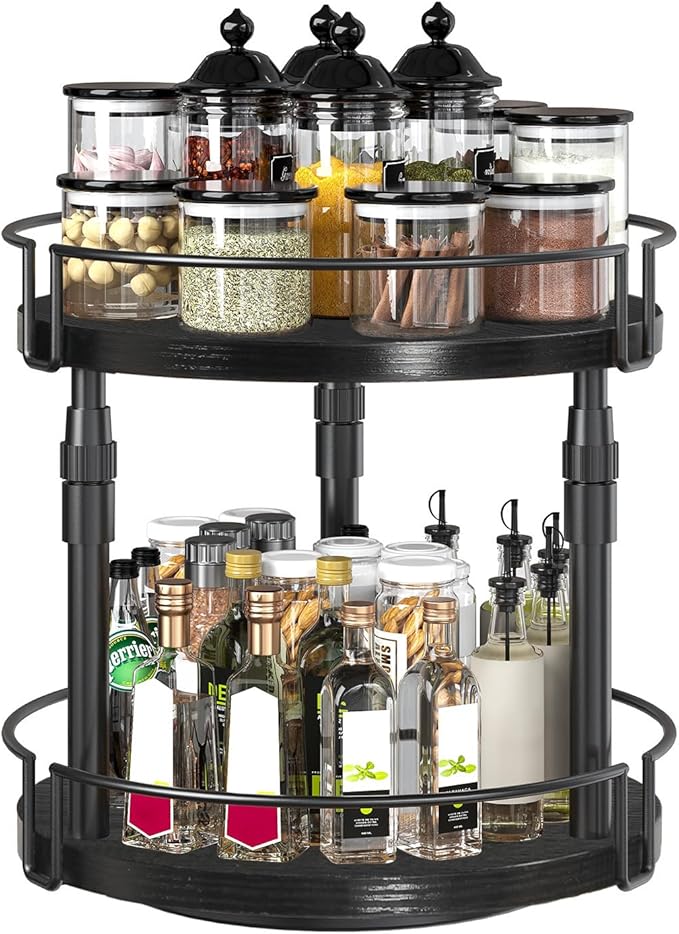 HOOBRO Lazy Susan Organizer Spice Rack, 2-Tier Height Adjustable Rotating Lazy Turntable Spice Organizer, for Kitchen Countertop and Cabinet, Black BB05TL01