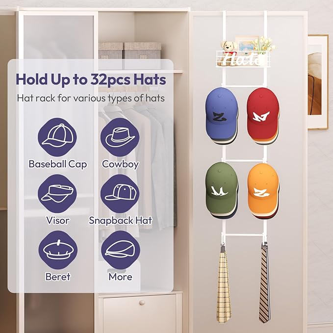 SWTYMIKI Over Door Hat Organizer - Wall Mounted Hat Rack with 6 Hooks and Metal Basket Design, Hanging Baseball Cap Organizer Storage Holds Up to 32 Caps for Door, Bedroom, Closet(White)