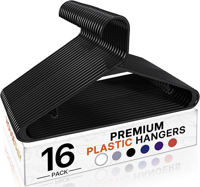 HOUSE DAY Black Plastic Hangers 16 Pack, Space Saving Coat Hanger, Clothes Hanger with Non Slip Hooks, Plastic Clothing Hangers for Closet, Ideal for Everyday Use on Shirts, Coats, Pants, Dress