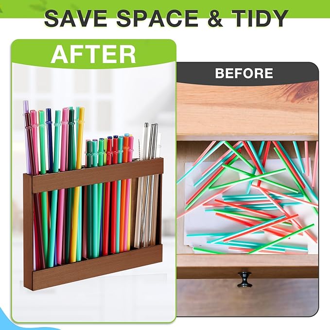 Qinyoung Wooden Straw Holder for Cabinet Door with Double Sided Adhesive Tape Tumbler Straw Organizer for Cupboard Reusable Tumbler Storage Container for Kitchen Counter(Acacia Color)