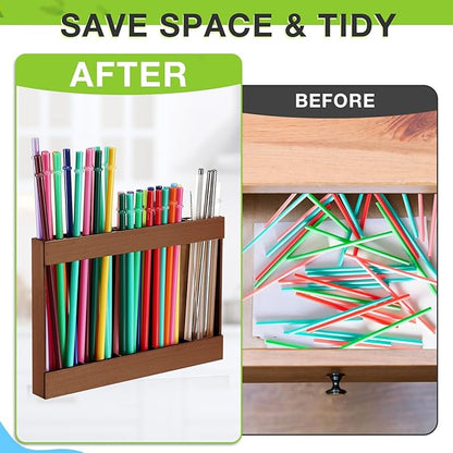 Qinyoung Wooden Straw Holder for Cabinet Door with Double Sided Adhesive Tape Tumbler Straw Organizer for Cupboard Reusable Tumbler Storage Container for Kitchen Counter(Acacia Color)