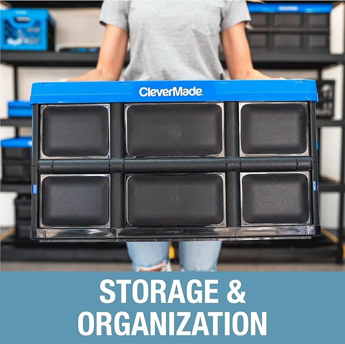 CleverMade Collapsible Storage Bins 62L (3-Pack) – Heavy Duty Collapsible Plastic Storage Bins, Large Stackable Folding Storage Bins for Garage, Car, Grocery & Home Organization - Stone