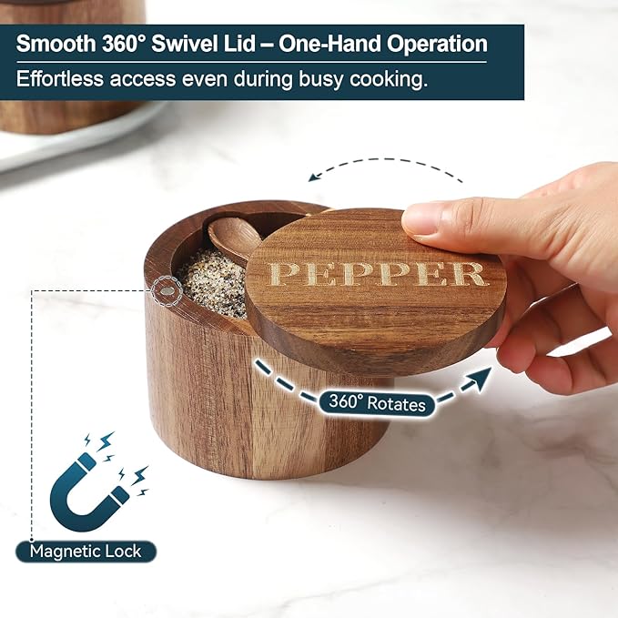 Timtopno Salt Cellar, Elegant Salt and Pepper Set, 2PCS Acacia Wood Salt Container with Built-in Spoon & Swivel Lid, Engraved SALT & PEPPER Box, Salt Holder for Countertop Seasoning Storage
