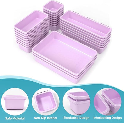 25 PCS Drawer Organizer Set, 4 Size Makeup Drawer Divider Organizer With Non-Slip Pads, Interlocking Plastic Storage Bins for Office,Jewelry Vanity,Gadgets, Bathroom,Kitchen, Purple