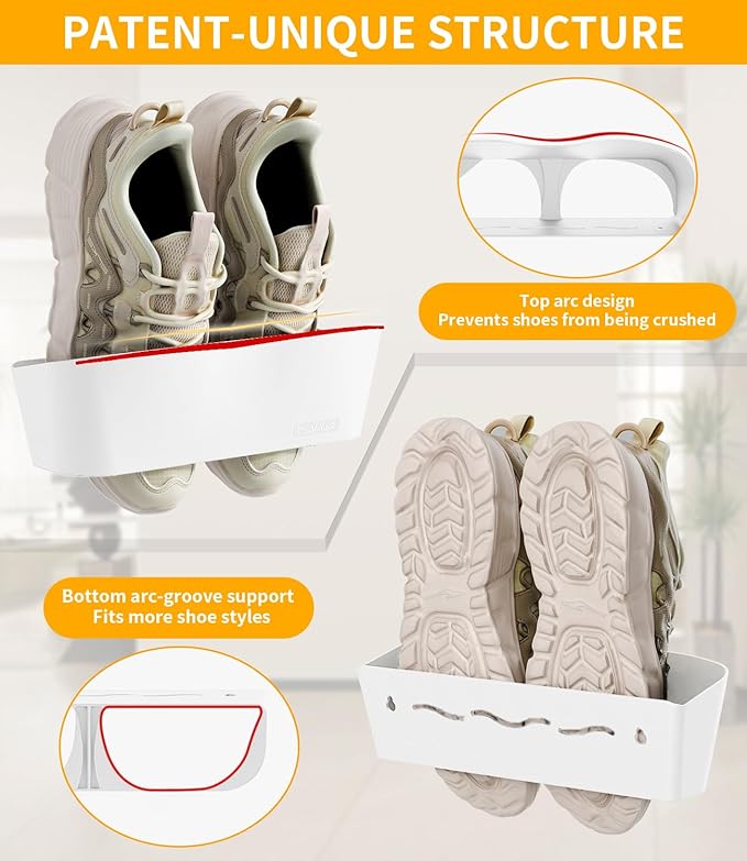 Wall Mounted Shoe Rack, Adhesive & Drill Mount Hanging Shoe Organizer, Plastic Shoe Storage for RV, Camper, Closet & Door, Patent Protected, PATENT PROTECTED, White-8Pack
