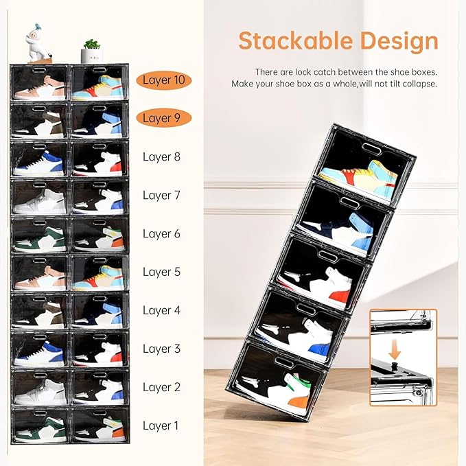 Amllas New 8 Pack Shoe Boxes Stackable, Large Shoe Storage Organizer with Lids,Drop Side Shoe Containers for Entryway,Sneaker Storage Fit up to US Size 13 for Men/Women(13’’x 10.6”x 8.3”)