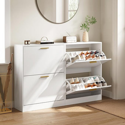Shoe Cabinet Storage for Entryway, White Shoe Organizer with 2 Flip Drawers & Open Shelf, Freestanding Hidden Large Shoe Storage Cabinet (1pc-White, 2 Flip Drawers)