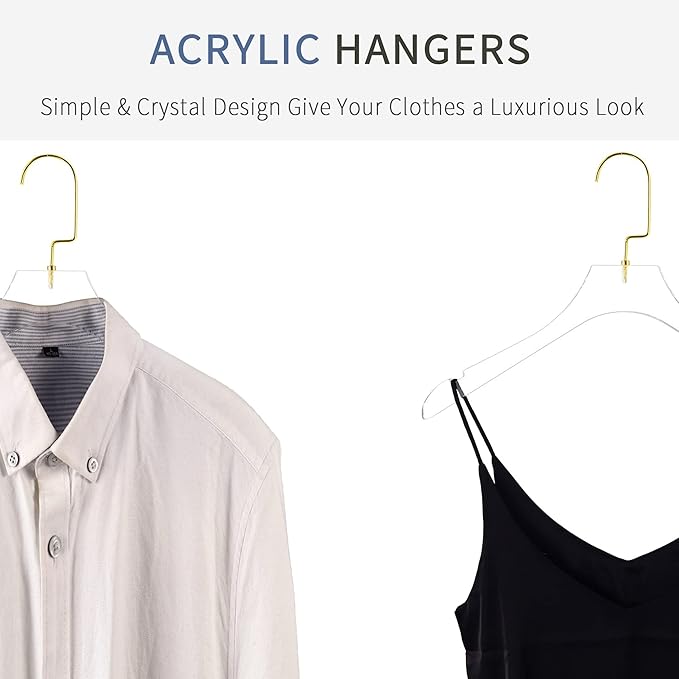 Besser Acrylic Clear Hangers 15 Pack,Acrylic Hanger Premium Quality Crystal Clear Hangers with Gold Hooks Luxury Dress Suit Hangers（Gold Hook）