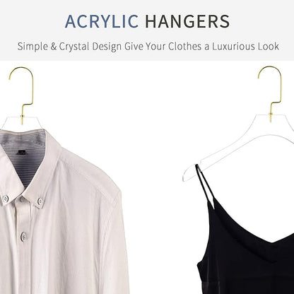 Besser Acrylic Clear Hangers 15 Pack,Acrylic Hanger Premium Quality Crystal Clear Hangers with Gold Hooks Luxury Dress Suit Hangers（Gold Hook）