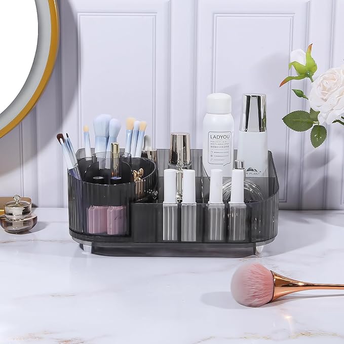 DASITON Large Capacity Makeup Organizer with 360° Rotating Makeup Brush Holder, Multi-Compartment Skincare and Cosmetic Storage for Vanity, Bathroom Countertop, Dresser, Desktop Storage Box (Gray)