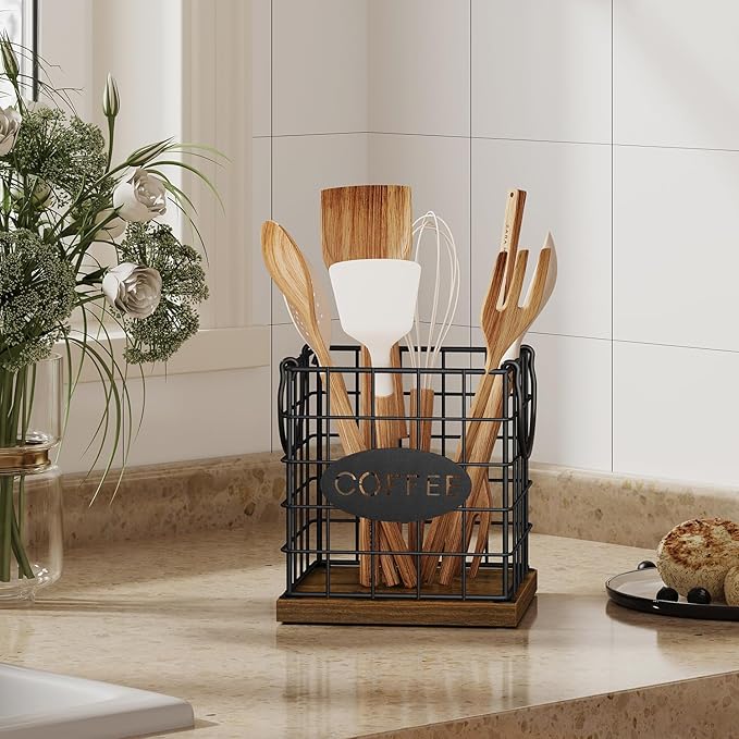 YINMIT K Cup Holder Organizer, Rustic Coffee Pod Holder Organizer, 35 Kcup Holder for Counter with Handle，Large Capacity Black Wire Coffee Capsule Basket for Kitchen Office Desktop (Square Grid)