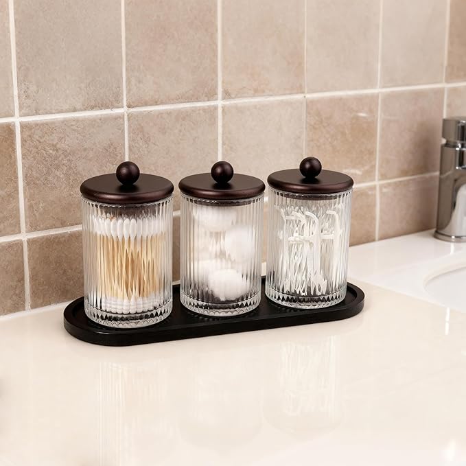 SheeChung 3-Pack Qtip Holder, Glass Apothecary Jars with Tray - Ribbed Bathroom Organizer Set for Q-Tips, Cotton Balls, Pads & Floss Picks - Vintage Farmhouse Vanity Decor Canisters (Rustic Bronze)
