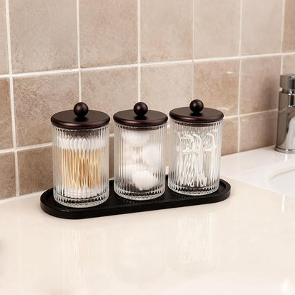 SheeChung 3-Pack Qtip Holder, Glass Apothecary Jars with Tray - Ribbed Bathroom Organizer Set for Q-Tips, Cotton Balls, Pads & Floss Picks - Vintage Farmhouse Vanity Decor Canisters (Rustic Bronze)