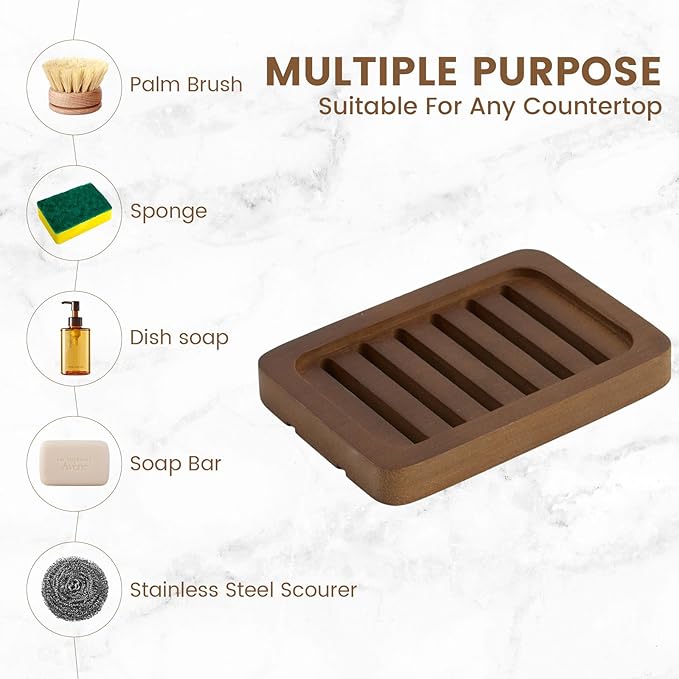 2PCS Self Draining Soap Holders, Rustic Slotted Bamboo Dish Tray, Easy Cleaning Wooden Soap Dish for Shower, Bathroom, Kitchen Sponges, Bath Tub, Packed in A Case (Walnut Style)