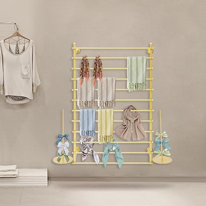 Ribbon Storage Organizer, Wall Mounted Ribbon Organizer, 12-Tier Metal Gift Wrapping Paper Rack, Spool Tie Scarf Hijab Belt Towel Hanger, for Home, Craft Room, Flower Shop, Gold, 31.5in Wide