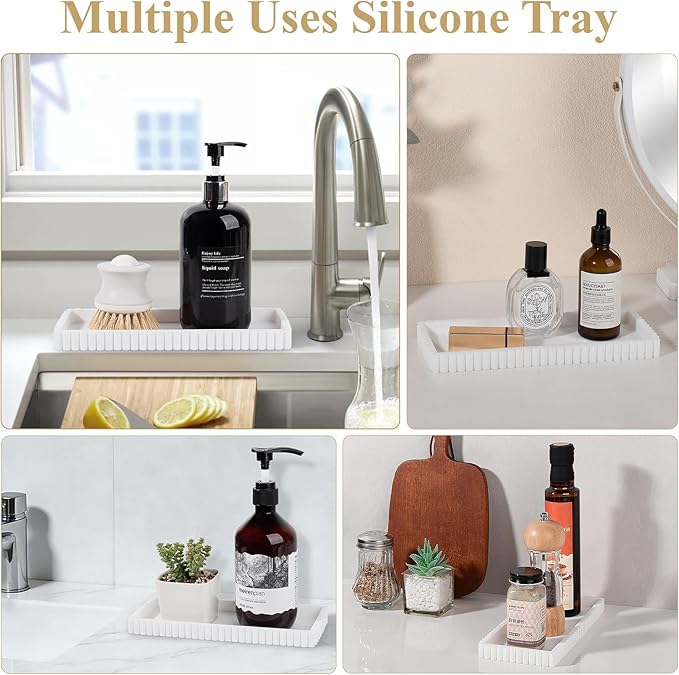Silicone Bathroom Tray Small Vanity Organizer Rectangle Sink Caddy Sponge Holder Kitchen Counter Decor for Dish Soap, Perfume, Candle, White