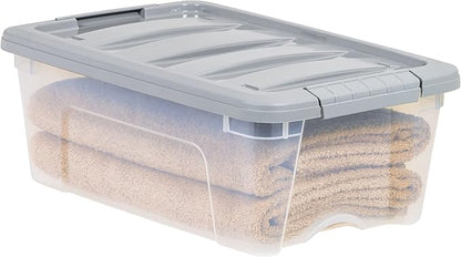 Amazon Basics Plastic Storage Containers with Secure Latching Lids, Stackable Organization Bins for Organizing, Clear/Grey, 12 Quart, Set of 6