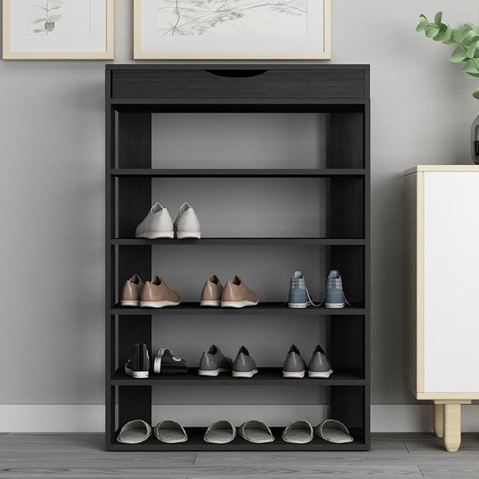 sogesfurniture 5-tier Wooden Shoes Rack Organizer with Storage Compartment, Free Standing Shoe Storage Shelf for Entryway, Living Room, Hallway, Doorway (29.5" Black)